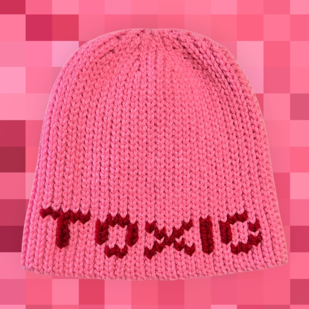 "TOXIC", Knit-look 90s beanie, Handmade By Me, Hand Embroidery, Ask About Custom